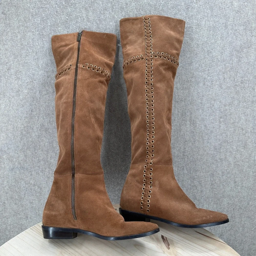 Michael Kors MALIN Over The Knee Boots 9 Suede Grommet Whipstitch Low Heel